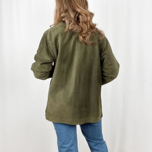 Danier Suede Leather Oversized Shacket Button Up Laser Cut Out Green Jacket Coat - Picture 3 of 9